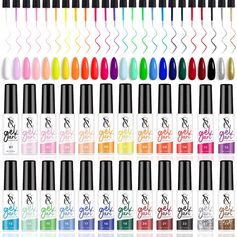 SXC Cosmetics 24Color Gel Liner Set for Nail Art  With Builtin Thin Brush for Swirl Nail Designs and SoakOff Gel Polish