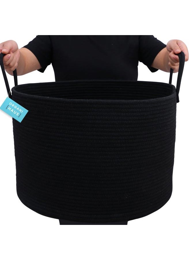 OrganiHaus - Black Basket for Storage 20x13, Big Basket for Blankets for Living Room, Round Laundry Basket & Blanket Holder for Bedroom, Boho Blanket Basket, Pillow Basket & Toy Basket - Image 1