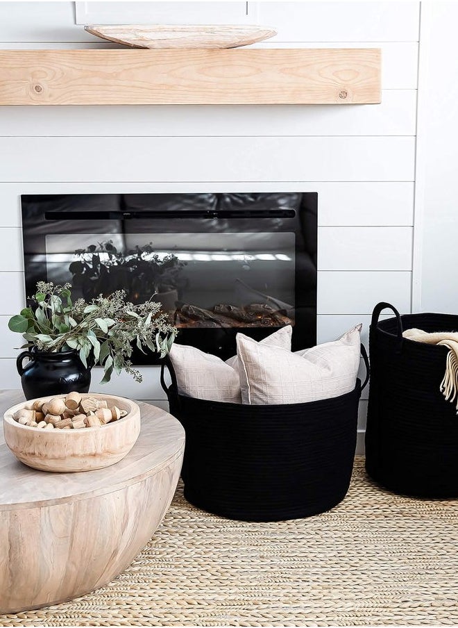 OrganiHaus - Black Basket for Storage 20x13, Big Basket for Blankets for Living Room, Round Laundry Basket & Blanket Holder for Bedroom, Boho Blanket Basket, Pillow Basket & Toy Basket - Image 1