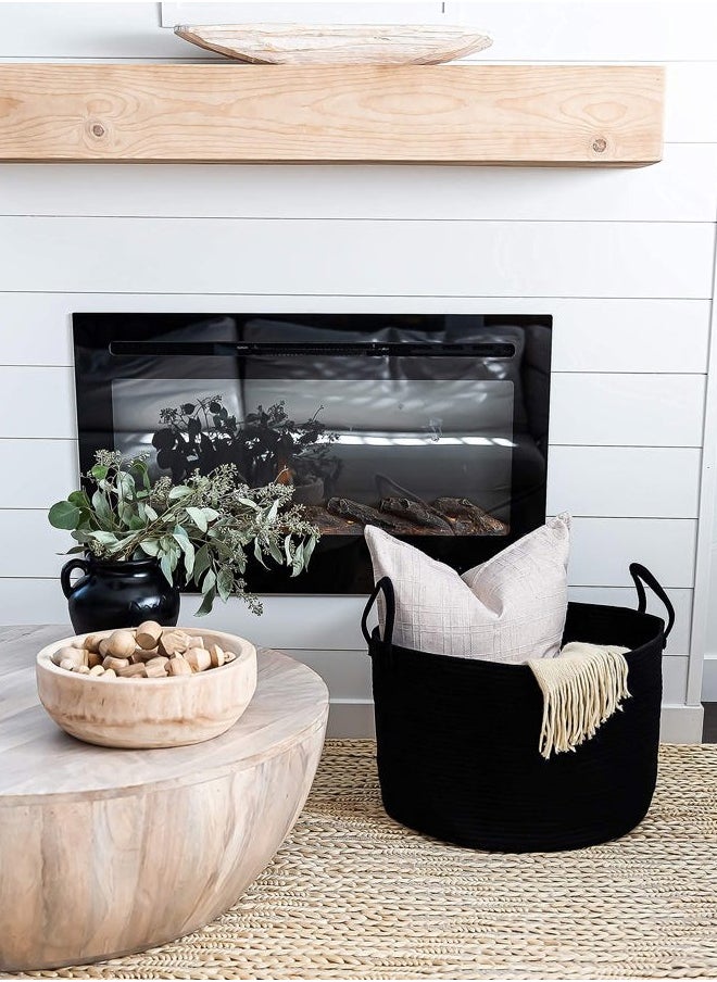 OrganiHaus - Black Basket for Storage 20x13, Big Basket for Blankets for Living Room, Round Laundry Basket & Blanket Holder for Bedroom, Boho Blanket Basket, Pillow Basket & Toy Basket - Image 1
