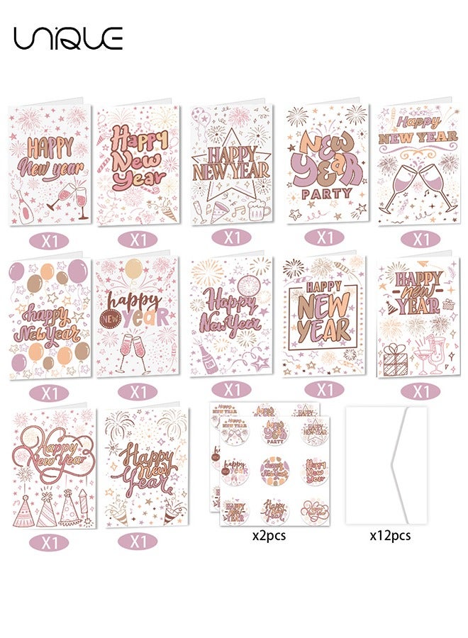 Unique 26 Pcs Greeting Card Set - 12 Styles Happy New Year Greeting Card - 12 Envelopes - Happy New Year Stickers - Suitable for Invitation Gifts, Holiday Wishes - Image 1