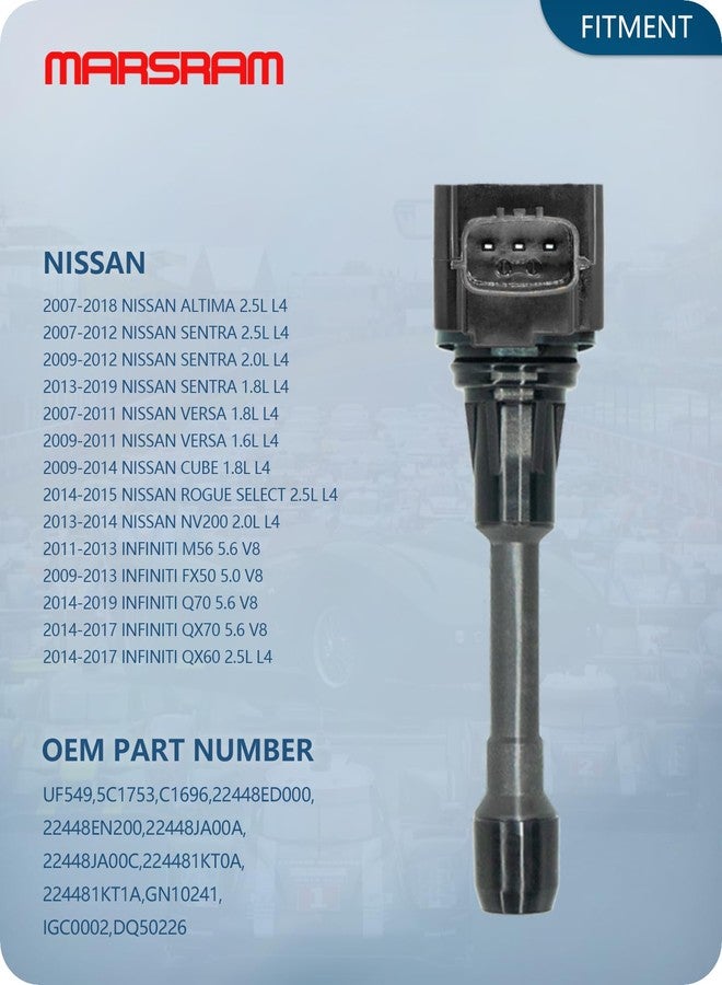 Marsram مجموعة ملفات إشعال Marsram UF549 لسيارات نيسان ألتيما، فيرسا، سنترا، كيوب، NV200، روغ موديلات 2007-2012، وإنفينيتي M56، FX50، QX60 بمحركات 2.5 لتر، 2.0 لتر، و1.8 لتر موديلات 2013-2015. بديل للرقم C1696. 4 قطع - Image 2