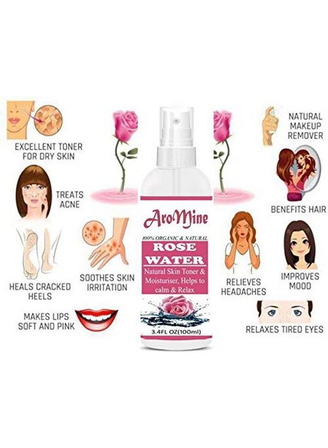 Aromine ماء الورد العضوي والجلسرين للتونر ومنظف للأغراض المغذية والمنعشة (100 مل) عبوة من زجاجتين (200 مل) - Image 5