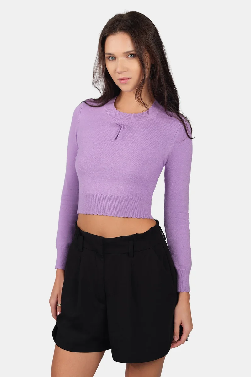 فيرجيو Self Design Viscose Scallop Hem Crop Knit Top for Women