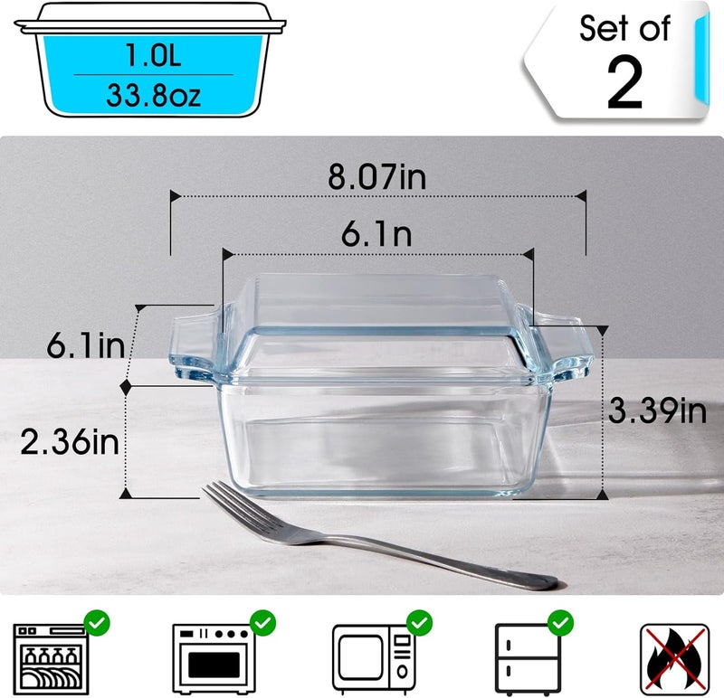 NUTRIUPS Set of 2 Glass Casserole Dish With Glass Lid, Square 6in x 6in Glass Baking Dish Oven Safe, Mini Casserole Dish with Lid - Image 2