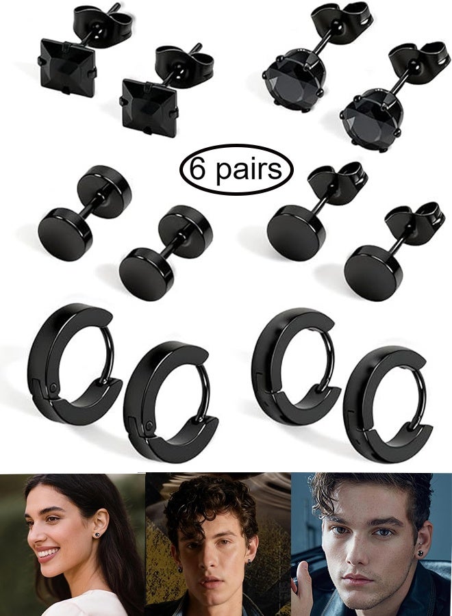 Happy D 6 Pairs Stainless Steel CZ Stud Earrings for Men Women Black Earrings Huggie Small Hoop Earrings Ear Piercing Jewelry for Men - Image 1