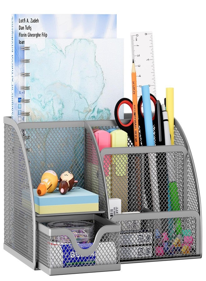 EasyPAG Mesh Desk Organizer with Drawer Multi-functional Pen Holder Stationery Organizer for Office School Supplies 6 Compartments Dorm Organizers and Storage for Desk, Silver - Image 1