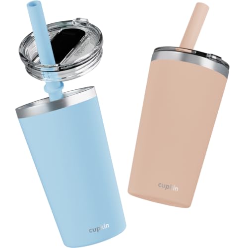 CUPKIN Toddler Tumblers, The Original 12 oz Stackable Stainless Steel Cups, Set of 2 Powder Coated Insulated Kids Water Bottle Alternative & BPA Free Lids + Reusable Silicone Straws (Peach + Teal) - Image 1