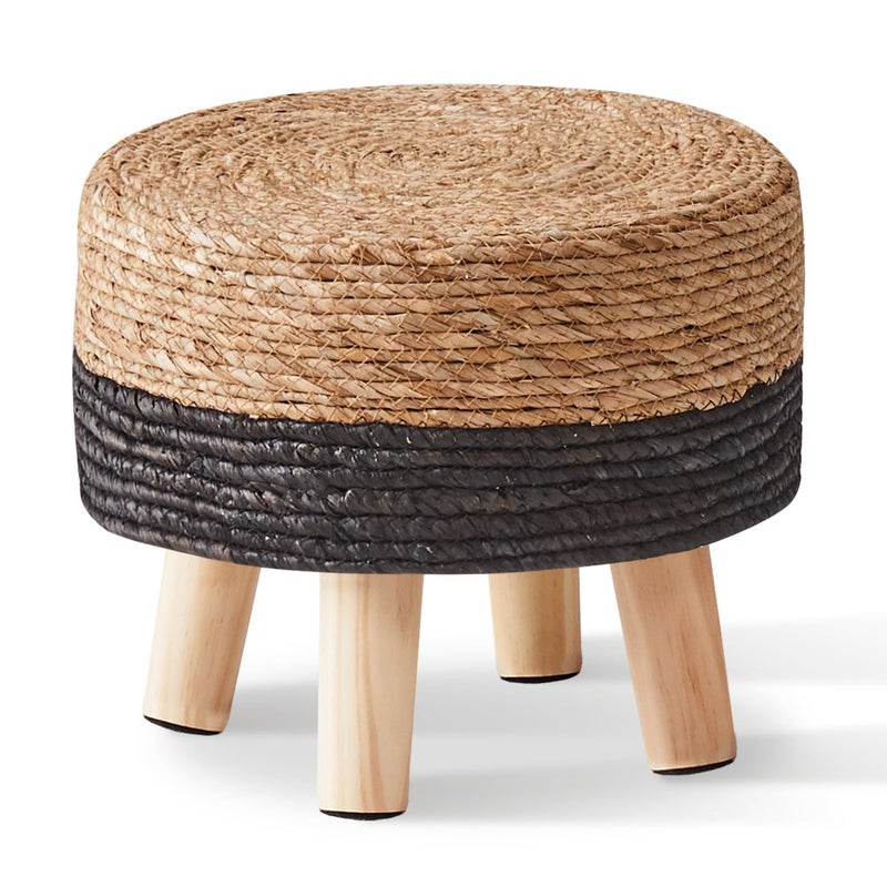 Cpintltr Ottoman Natural Seagrass Footrest Poufs Hand Weave Round Foot Stool for Couch Desk Soft Step Stool Padded Foot Rest with Pine Legs for Living Room Bedroom NaturalBlack