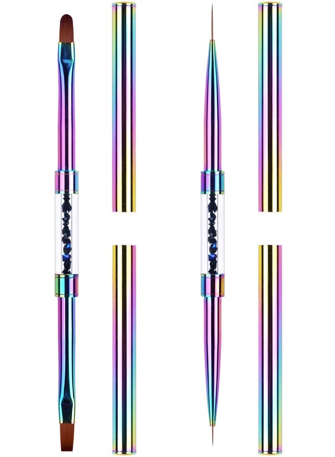 Ycyan 2Pcs Dual-ended Nail Design Brushes Rhinestone Handle UV Gel Nail Brush Set Professional Nail Art Tools Rainbow - Image 1