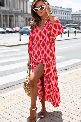 miduo Womens Maxi Dress Fashion V Neck Summer Short Sleeve Floral Beach Bohemian Maxi Long Dresses Holiday Vacation XL - Image 2