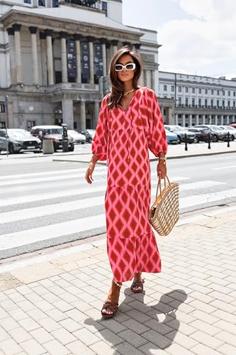 miduo Womens Maxi Dress Fashion V Neck Summer Short Sleeve Floral Beach Bohemian Maxi Long Dresses Holiday Vacation XL - Image 3
