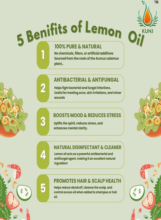 KUNJ Lemon Essential Oil (Citrus limon) 10ML - 100% Pure & Natural, Undiluted, Steam Distilled - Therapeutic Grade Oil for Skin Care, Hair, Scalp & Aromatherapy - Image 5