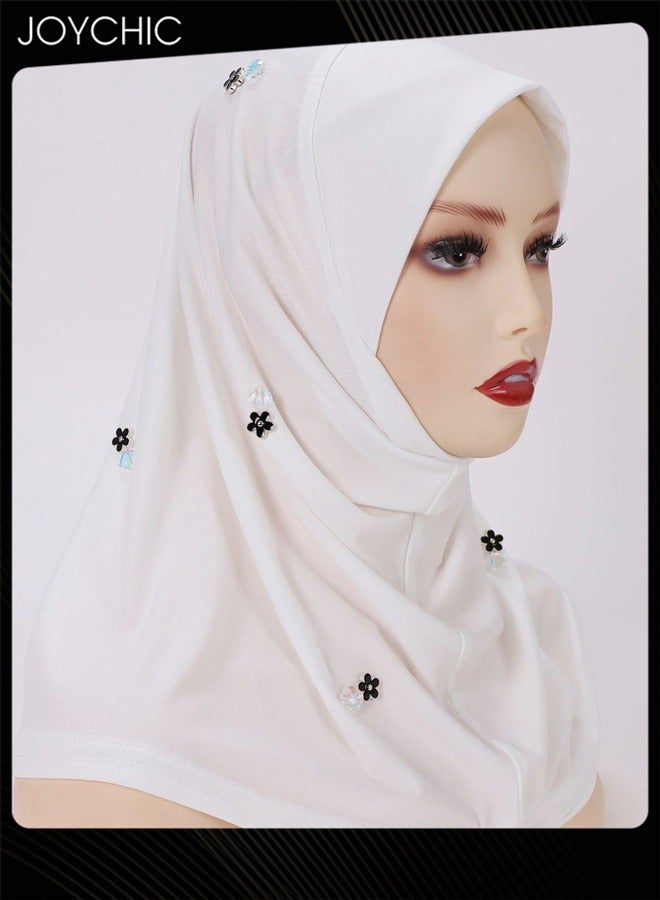 Joychic Crystal Diamond  Decoration Satin Women Muslim  Headwear Wearable Traditional Wear Long Fashion Head Scarf for Ladies All Seasons Hijab White