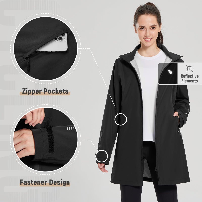 baleaf Women's Long Rain Coat Packable Waterproof Windbreaker Lightweight Cycling Jacket with Hood Black M - Image 4