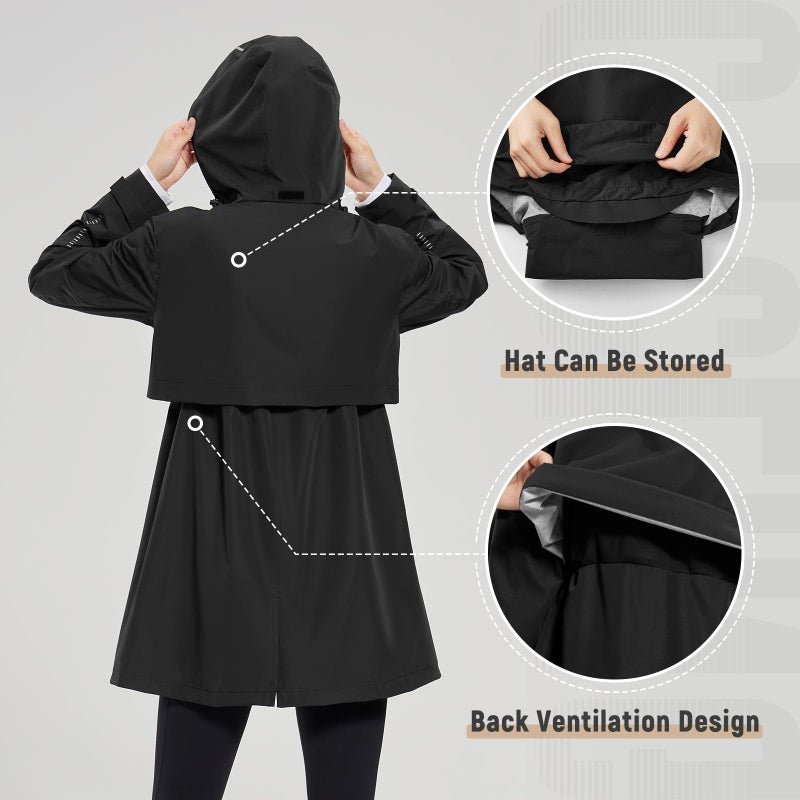 baleaf Women's Long Rain Coat Packable Waterproof Windbreaker Lightweight Cycling Jacket with Hood Black M - Image 5