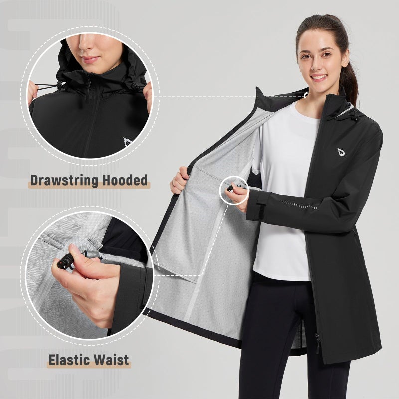 baleaf Women's Long Rain Coat Packable Waterproof Windbreaker Lightweight Cycling Jacket with Hood Black M - Image 3
