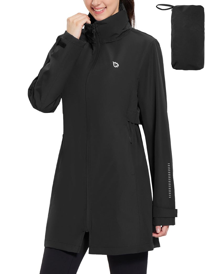 baleaf Women's Long Rain Coat Packable Waterproof Windbreaker Lightweight Cycling Jacket with Hood Black M - Image 1