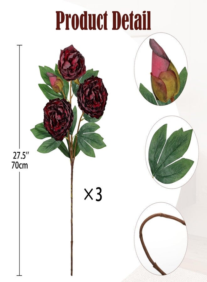 Briful 3 Pack Artificial Peony Flower 27.5" Tall Burgundy Silk Peonies Floral Stems Real Touch Faux Peony Flower for Wedding Bouquets Home Floral Arrangements Table Centerpieces DIY Décor - Image 2