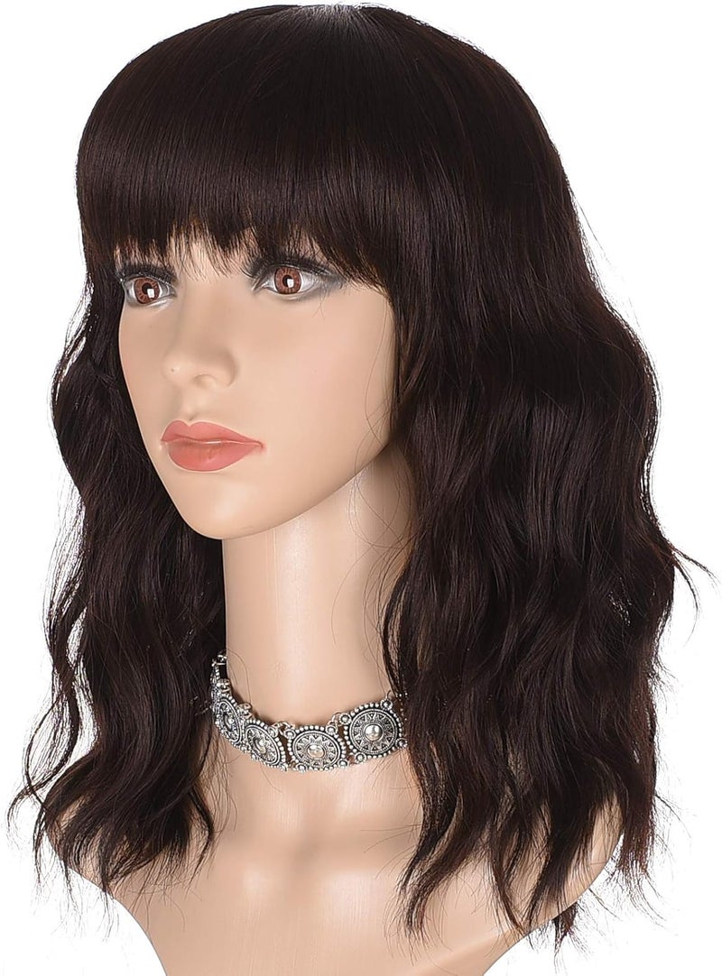 Morvally Short Wavy Bob Wig with Bangs for Women 16 Inches Natural Synthetic Hair Wavy Wigs Dark Brown