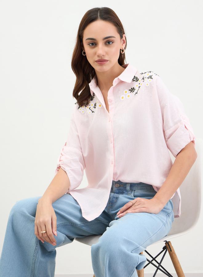 Styli Pink Embroidered Cotton Long Sleeve Shirt - Image 1