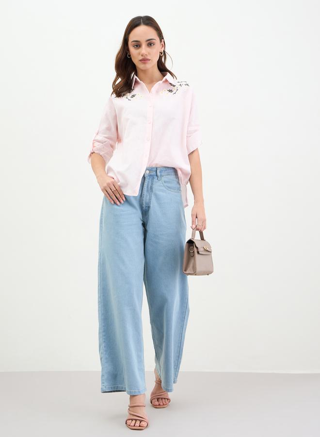 Styli Pink Embroidered Cotton Long Sleeve Shirt - Image 2