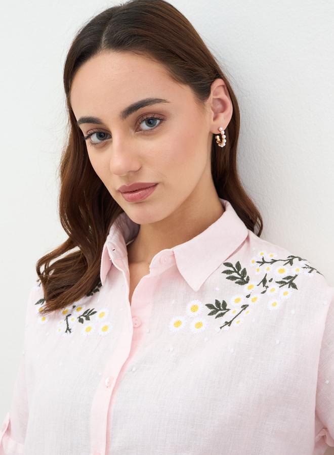 Styli Pink Embroidered Cotton Long Sleeve Shirt - Image 4