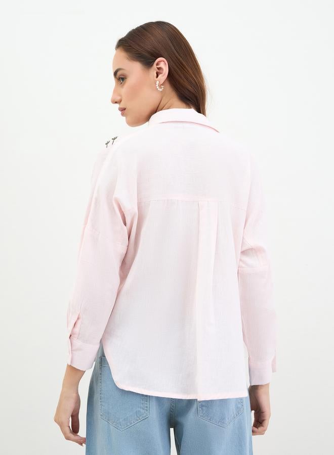 Styli Pink Embroidered Cotton Long Sleeve Shirt - Image 5
