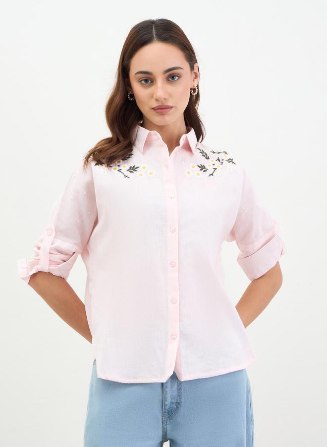 ستايلي قميص قطني وردي مطرز بأكمام طويلة - Image 1