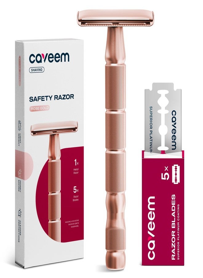 CAVEEM Rose Gold Double-Edge Safety Razor, Single-Blade Razors with 5 Stainless Steel Blades, Reusable Metal Razor for Men and Women - Image 1