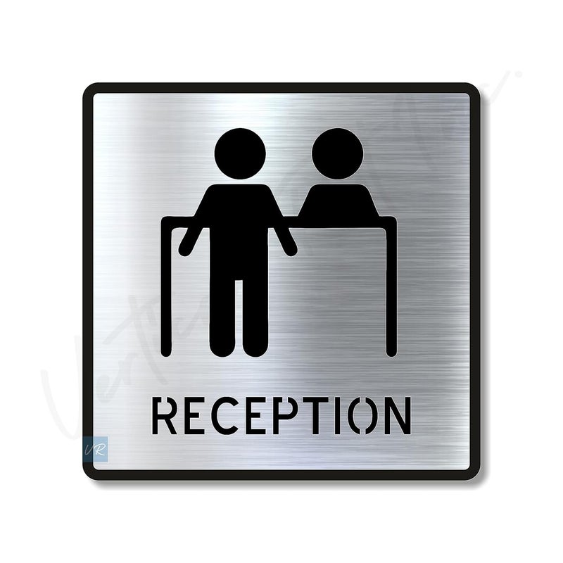 Vertical Root Inc ® Premium Brush Finish Square Silver Acrylic Reception Desk Door Sign Easy to Mount 3M Self-Adhesive Tape 5.8 Inch Signage for Resort Hotel Office Corporate Society Hospital Business - Image 1