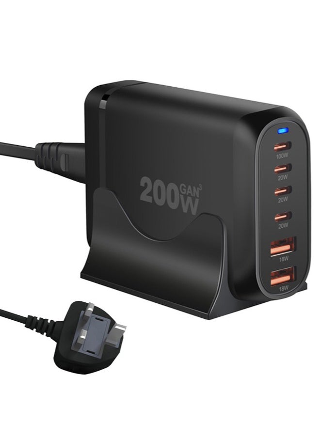 REACLOUD 200W USB C Charger, GaN Charger Station, 6-Port Fast Charger, USB Wall Charger Power Adapter, Type C Phone Charger Block Compatible with MacBook, iPad, iPhone 15 14 13 12, Samsung Galaxy, Laptop  - Image 1