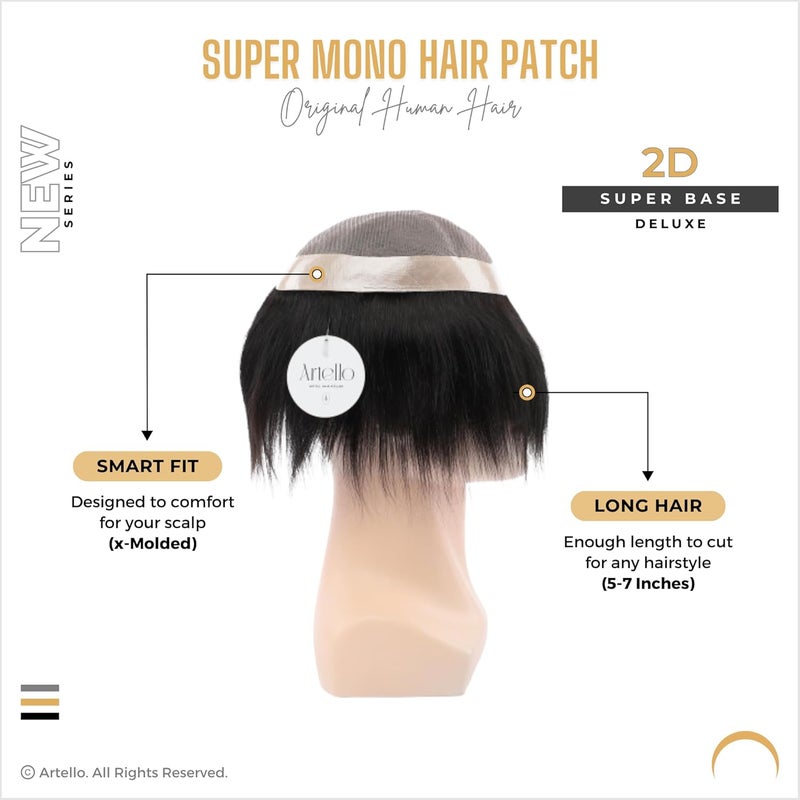 Artello لصقة الشعر الذكية Artello® SUPER MONO للرجال، باروكة شعر رفيعة من شعر إنساني طبيعي 100%، تناسب سهلة مع شريط، غراء أو مشابك، قاعدة سوبر 2D (اللون: أسود طبيعي) (9x7) - Image 2