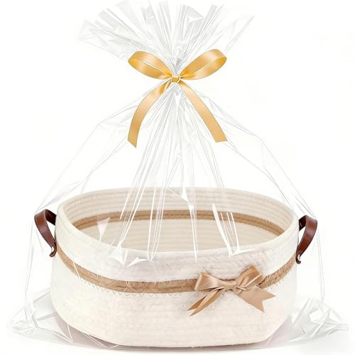 echosari Large Gift Baskets Empty with Handles 14x 10x 55 Cotton Rope Storage Basket Storage for Gifts Clothes Baby Diaper Pet Toys White - Image 1