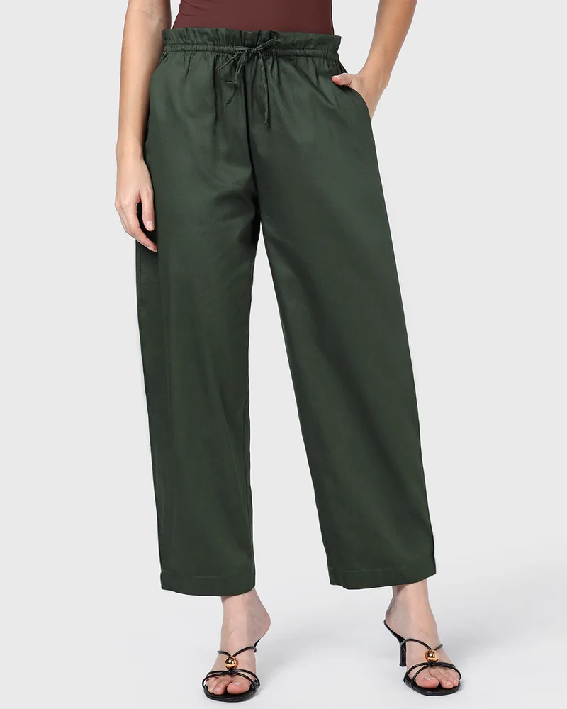 bewakoof Women's Olive Green Barrel Fit Casual Pants