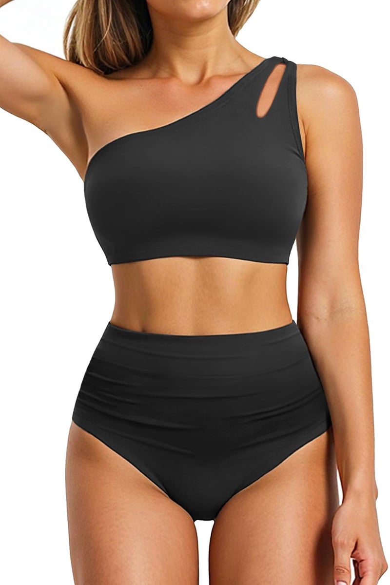Yonique Women High Waisted Bikini - One Shoulder Bathing Suit Tummy Control Two Piece Swimsuit 2025 Black Large - Image 1
