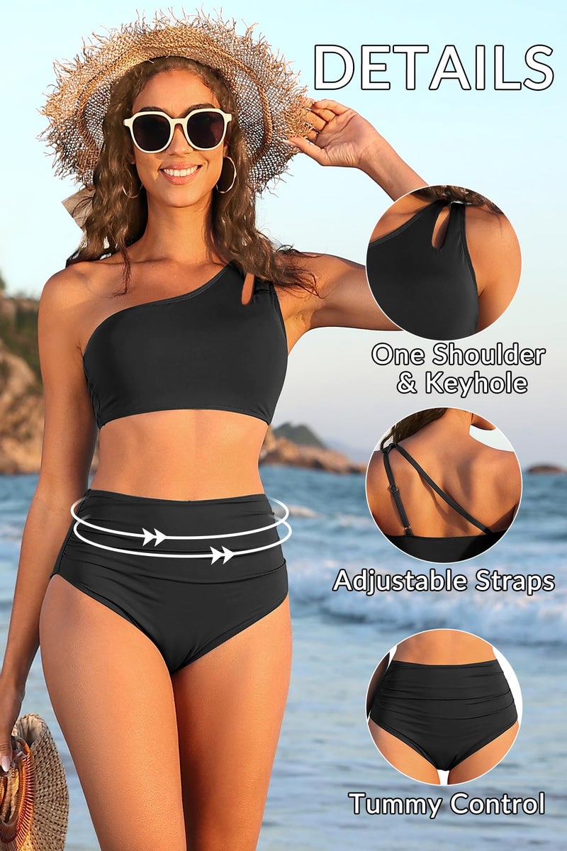Yonique Women High Waisted Bikini - One Shoulder Bathing Suit Tummy Control Two Piece Swimsuit 2025 Black Large - Image 4
