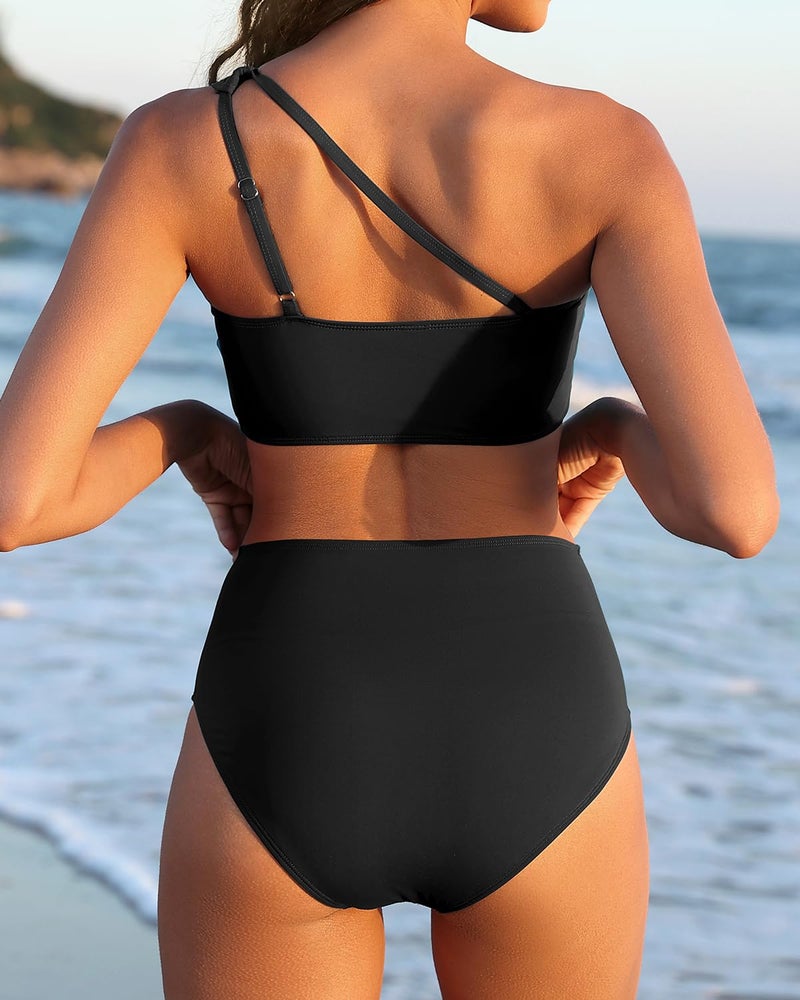 Yonique Women High Waisted Bikini - One Shoulder Bathing Suit Tummy Control Two Piece Swimsuit 2025 Black Large - Image 2