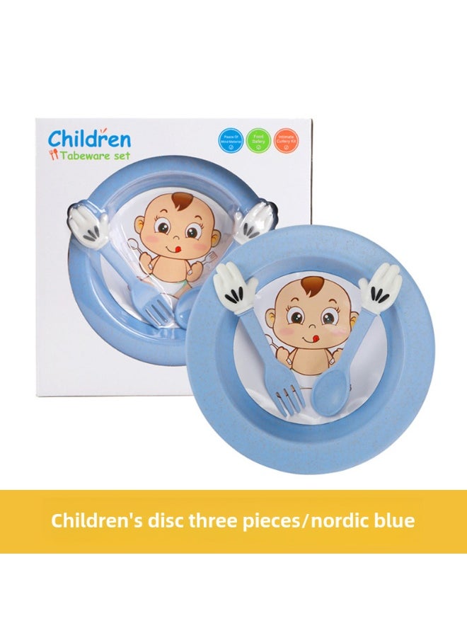 NIBEMINENT Childrens wheat straw tableware suit baby compartment food supplement plate cartoon bowl chopsticks children gift printed logoChildren's disc three pieces/Nordic blue Children's disc three pieces/Nordic blue 