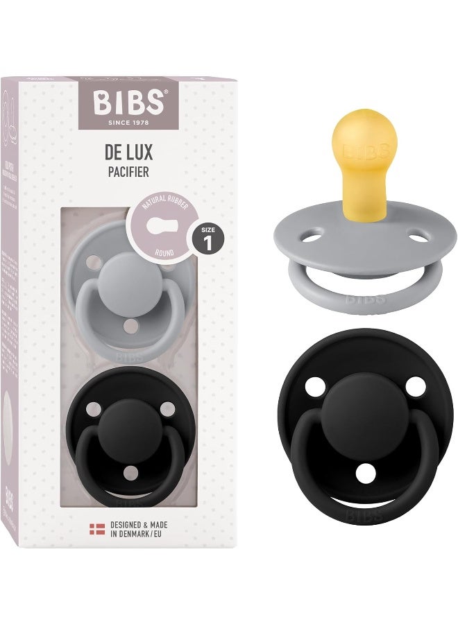 BIBS De Lux Soother 2-Pack, BPA Free Dummy Pacifier, Round Natural Rubber Latex, Size 1 (0-6 Months), Cloud/Black - Image 1