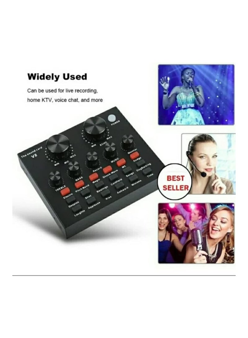 V8 Multifunctional Live Sound Card USB Audio Interface Intelligent Volume Adjustable Audio Mixer Sound Card for Recording Hosting Speech