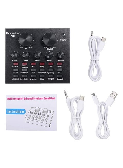 V8 Multifunctional Live Sound Card USB Audio Interface Intelligent Volume Adjustable Audio Mixer Sound Card for Recording Hosting Speech