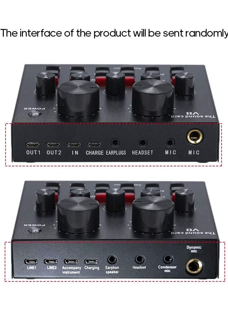 V8 Multifunctional Live Sound Card USB Audio Interface Intelligent Volume Adjustable Audio Mixer Sound Card for Recording Hosting Speech