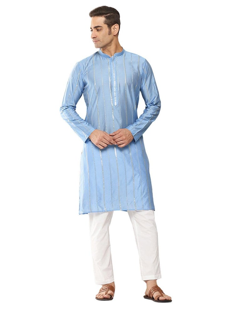 See Designs Men's Long Sleeve Mandarin Collar Turquoise Blue Sequins Embroidered Chanderi Silk Straight Kurta With Pyjama - SDKT287901S - Image 1