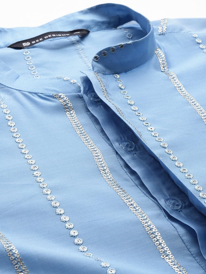 See Designs Men's Long Sleeve Mandarin Collar Turquoise Blue Sequins Embroidered Chanderi Silk Straight Kurta With Pyjama - SDKT287901S - Image 2