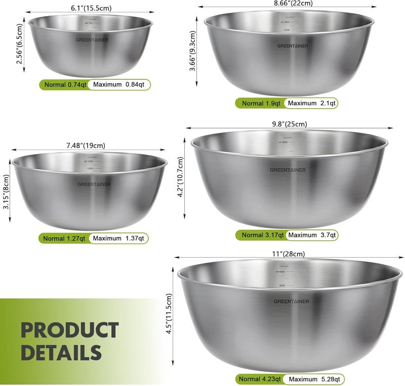 Greentainer 5-Piece Stainless Steel Mixing Bowls Set for Kitchen, Nesting Bowls for Mixing, Baking, Prepping, Cooking and Serving Food, Metal Mixing Bowls Dishwasher Safe - Image 2