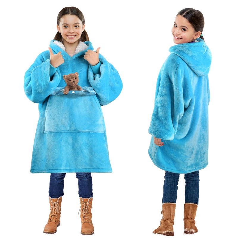 Solaris Wearable Blanket Hoodie for Kids  Warm Soft Gift Oversized Cozy Sherpa Fleece Sweatshirt Pullover for Teens Girls Boys Large Pocket Light Blue