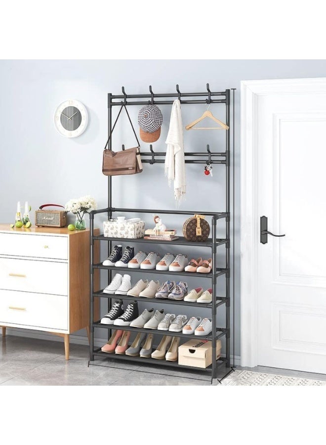 ديكور هيلز حامل معاطف للمدخل من ديكور هيلز، 5 طبقات، حامل أحذية 3 في 1 مع مقعد، أرفف تخزين مع 8 خطافات، منظم متعدد الوظائف للمدخل، غرفة النوم، غرفة المعيشة - أسود - Image 1