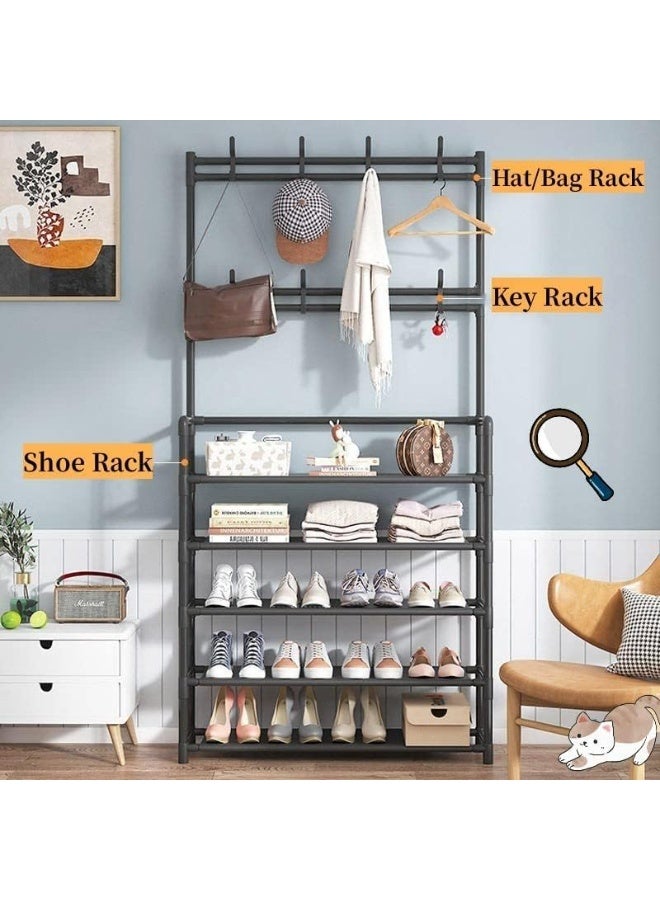 ديكور هيلز حامل معاطف للمدخل من ديكور هيلز، 5 طبقات، حامل أحذية 3 في 1 مع مقعد، أرفف تخزين مع 8 خطافات، منظم متعدد الوظائف للمدخل، غرفة النوم، غرفة المعيشة - أسود - Image 2