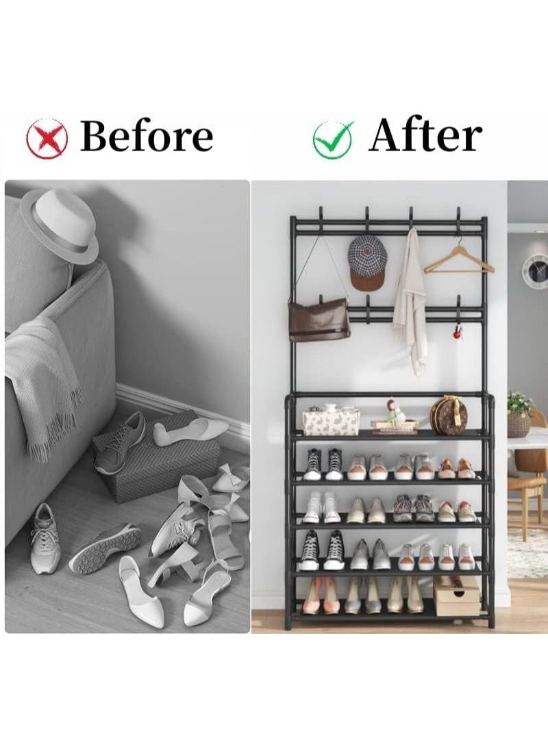 ديكور هيلز حامل معاطف للمدخل من ديكور هيلز، 5 طبقات، حامل أحذية 3 في 1 مع مقعد، أرفف تخزين مع 8 خطافات، منظم متعدد الوظائف للمدخل، غرفة النوم، غرفة المعيشة - أسود - Image 4